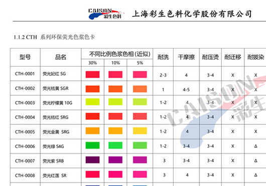 荧光色浆彩生牌CTH系列色浆色卡